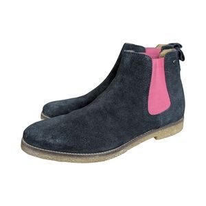 Base London Navy Suede Chelsea Boots, Pink Elastic Gusset, Men’s 10.5-11